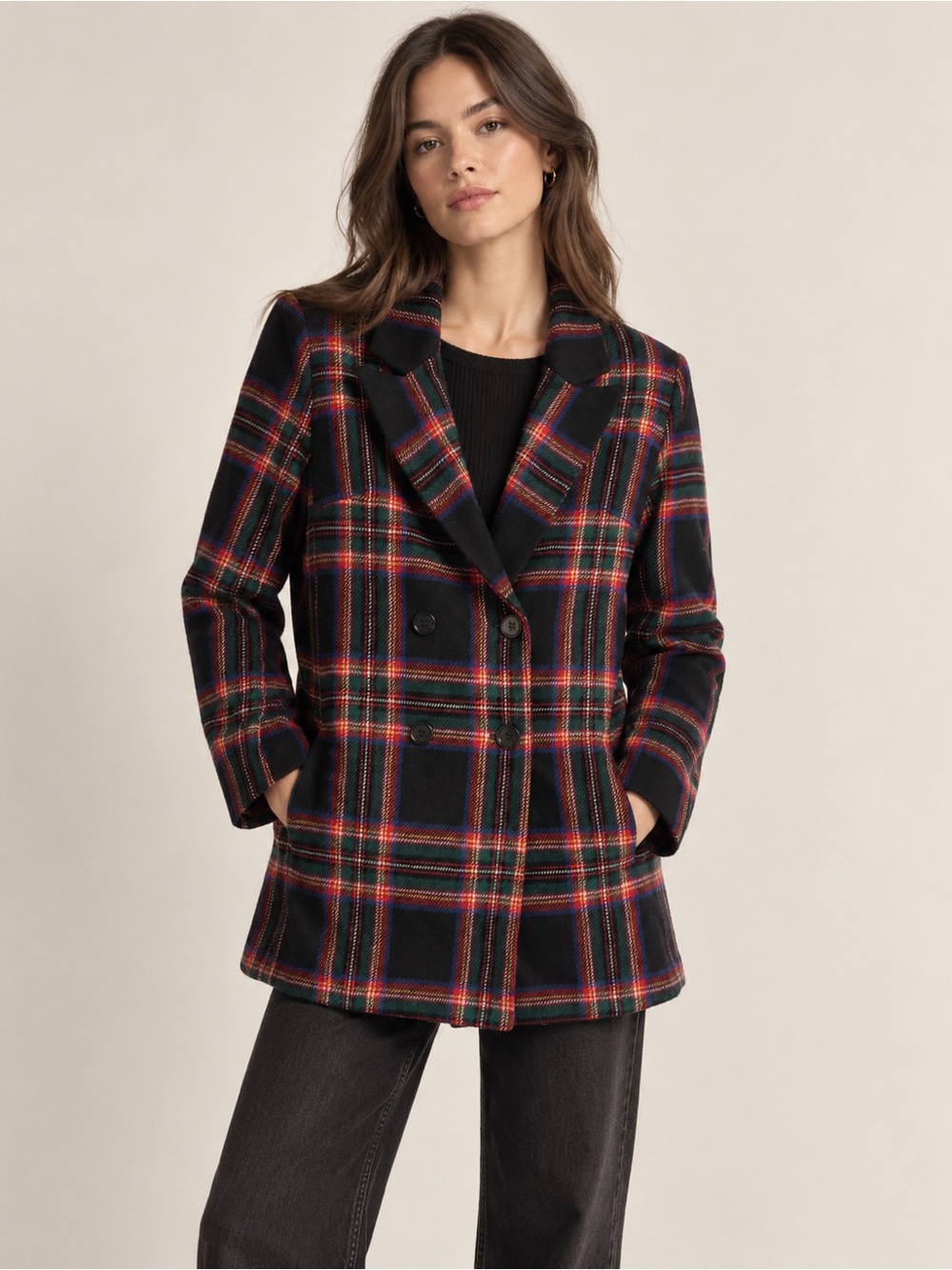 Current Mood Plaid Double-Breasted Peacoat Jacket - Black Multi Size Medium